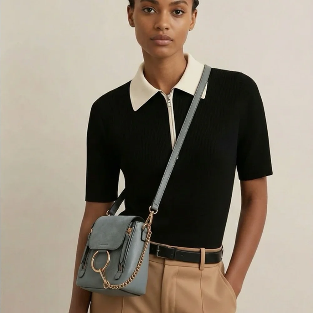 Leather Top-Handle Crossbody Bag in Light Blue - Picture 2 of 6